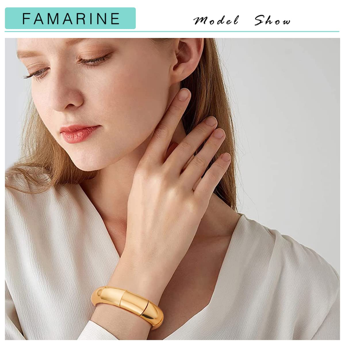 FAMARINE Bangle Bracelets for Women, Big Charms Wide Chunky Thick Stretch Bangle, 14K Gold Plated