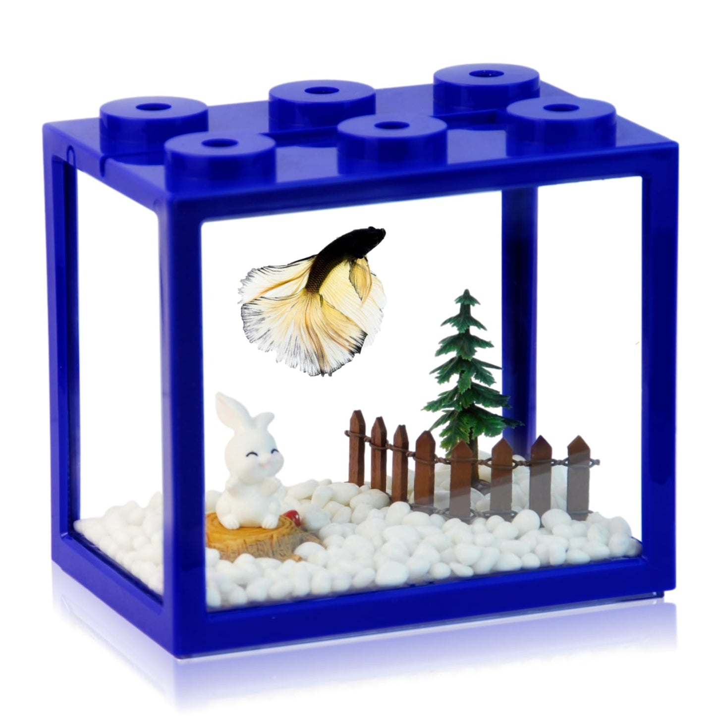 Small Betta Fish Tank, Stackable Mini Aquarium Tank Kit with Aquarium Gravel & Forest Micro Landscape, 0.6 Gallon Acrylic Cube Fish Bowl for Sea Monkeys Shrimp Snails (Blue)