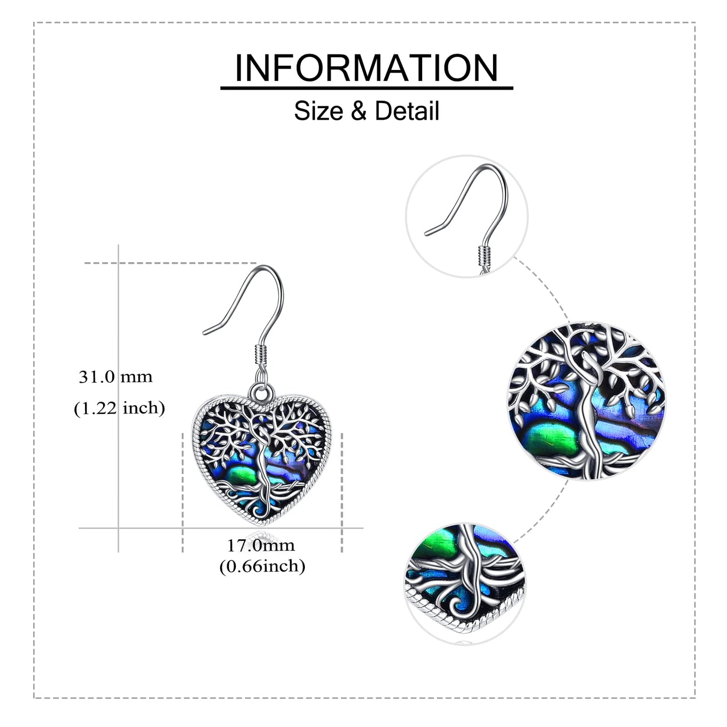 ONEFINITY Heart Tree of Life Earrings Sterling Silver Abalone Shell Tree of Life Dangle Drop Earring for Women Jewelry