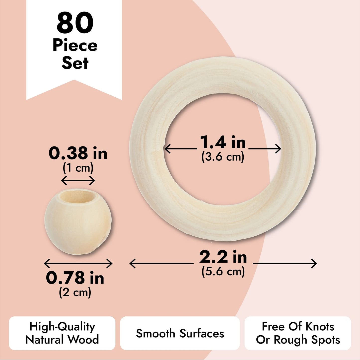 Bright Creations Set of 50 Wooden Beads and 30 Rings for Macrame, DIY Pendant Connectors, Wall Hanging Craft (2.2 in/20mm)