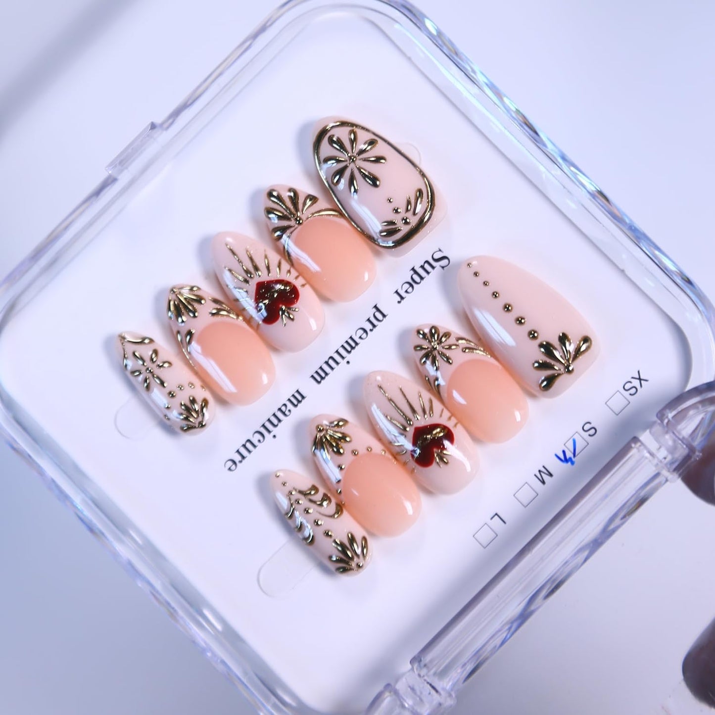 Oval Press On Nails - Medium Length Almond Handmade Unique Fake Nails, Short Thick Acrylic and Muti-Layer Gel False Nails, Valentine's Day press ons (Size S)
