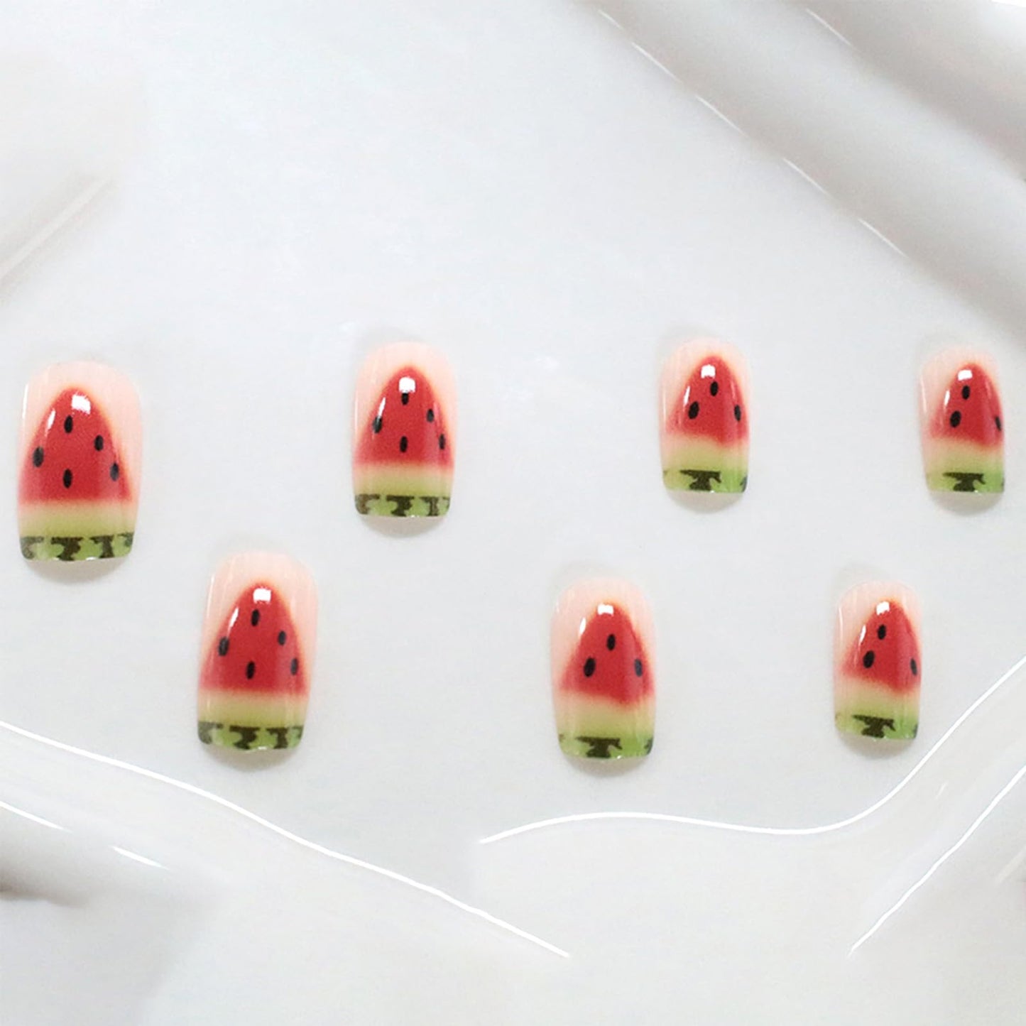 Summer Press on Nails Medium Square Watermelon Fake Nails with Cute French Tips Design Acrylic False Nail Glossy Full Cover Stick on Nail Reusable Artificial Glue on Nails for Women 24Pcs