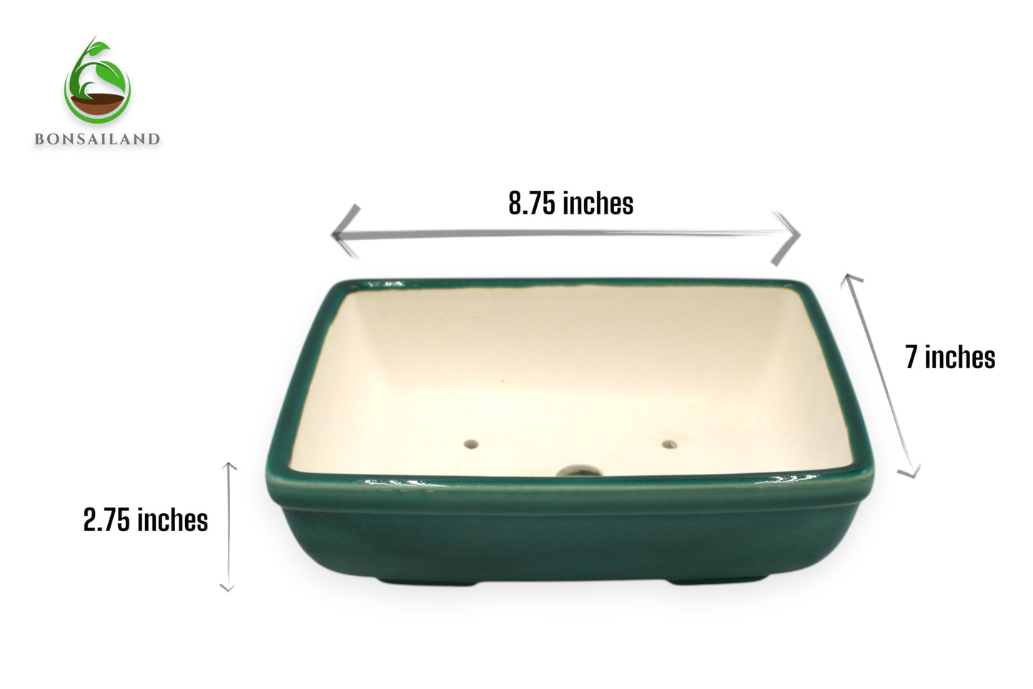 Bonsai Pot, Ceramic, Handmade, Rectangular with Round Corners, Green, 8.75 x 7 x 2.75 inches