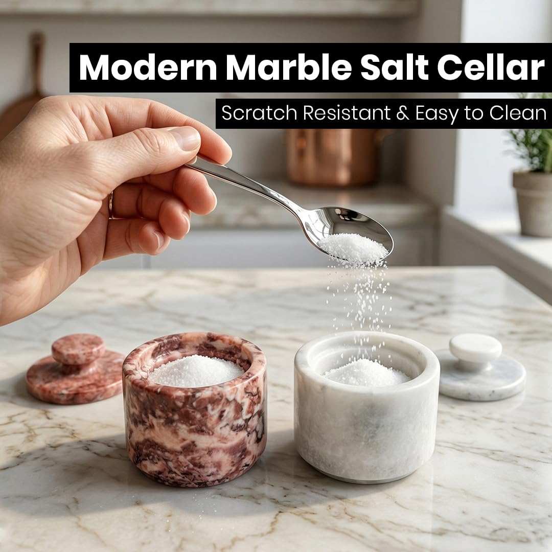 OceanicX Marble Salt Cellar with Lid, 3.5 oz Capacity, Kitchen Counter Storage Container (White Strawberry Pink)