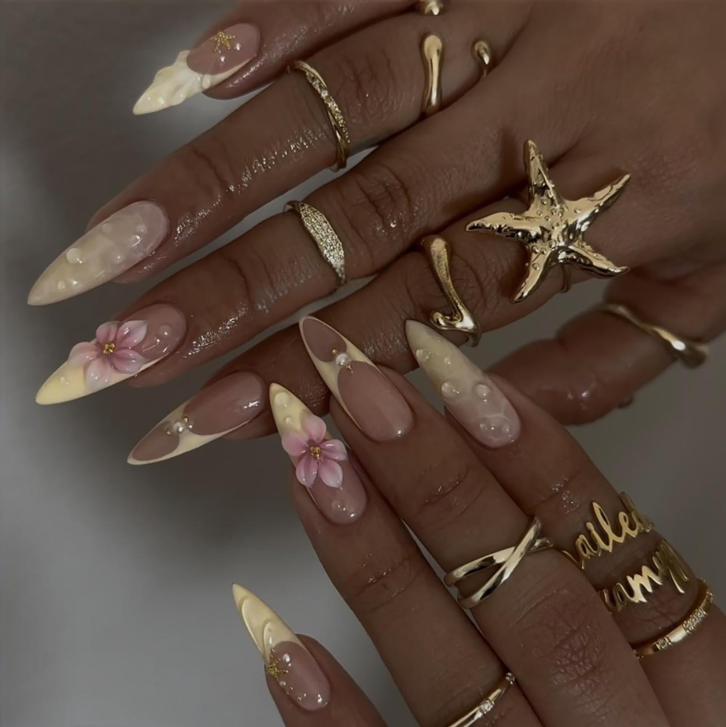 French Tip Press on Nails Long Almond Fake Nails 3D Flower Glossy False Nails Gradient Creamy Yellow Stick on Nails for Women Nail Art 24Pcs
