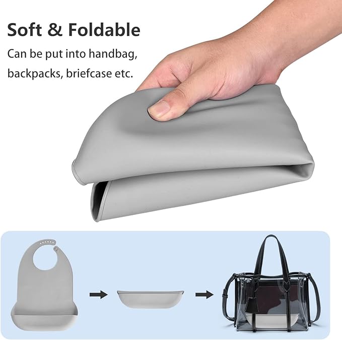 Adult Bibs for Eating - Silicone Bibs for Men, Women Elderly - Washable Adult Bib with Crumb Catcher (Gray)