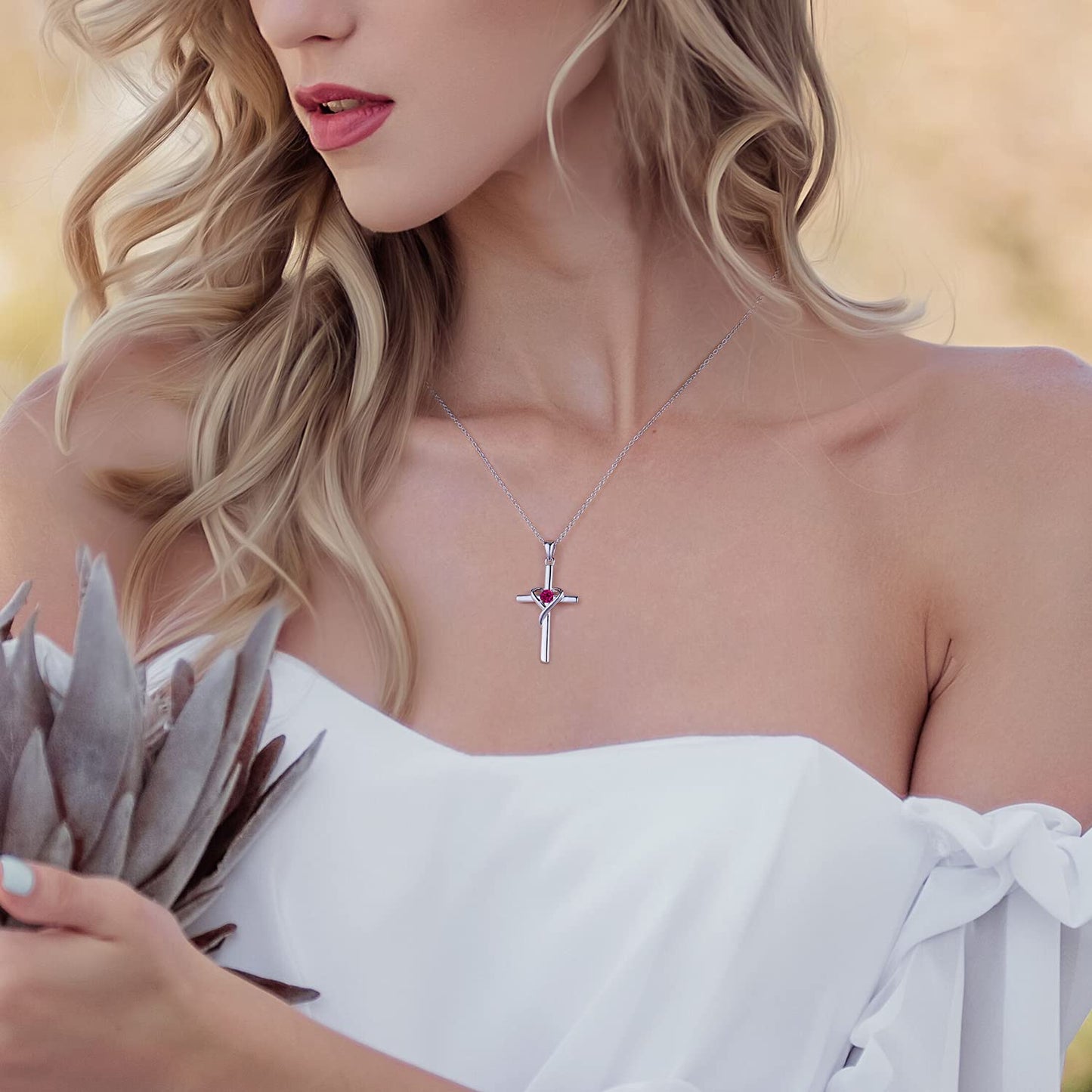 AmorAime 925 Sterling Silver Cross Necklace for Women Men 14K Gold Plated 5A CZ Birthstone Necklaces for Holiday (G.Dark Red-July-Ruby)