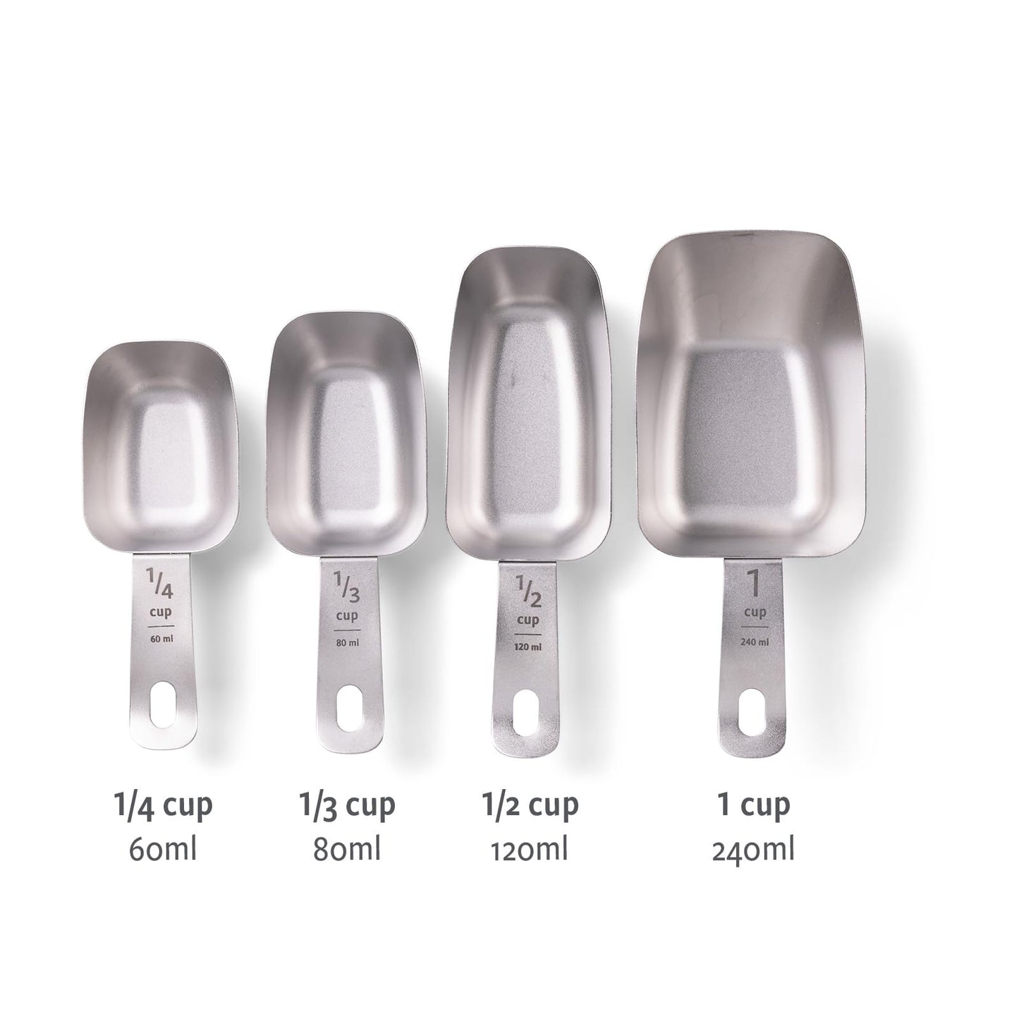 Full Circle Inside Scoop Stainless Steel Measuring Cups, 4-Piece Set (¼ cup, 1/3 cup, ½ cup, and 1 cup), Dishwasher Safe