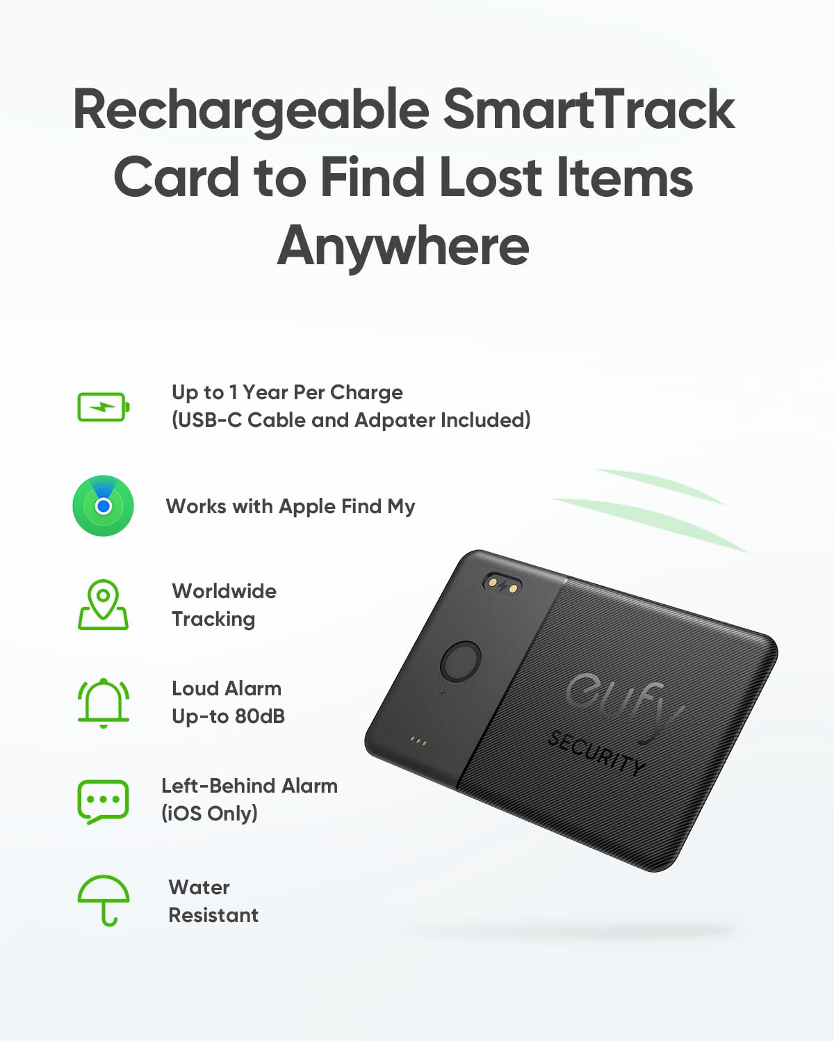 eufy Security SmartTrack Card E30 (Black, 1-Pack), Rechargeable, Works with Apple Find My (iOS Only), Bluetooth Tracker, Perfect for Wallet, Passport, and Laptop, Water Resistant