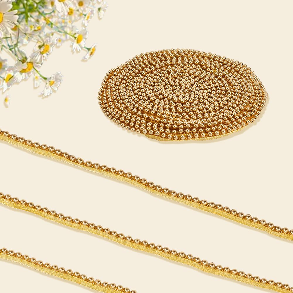 CABODYALS 1/2 Inch 10 Yards Gold Woven Ball Bead Tassel Trim Braid Fringe Edging with Beads Golden Lace Decorative Edge Trimming Polyester Ribbon for Sewing Making Party Wedding DIY Craft Supplies