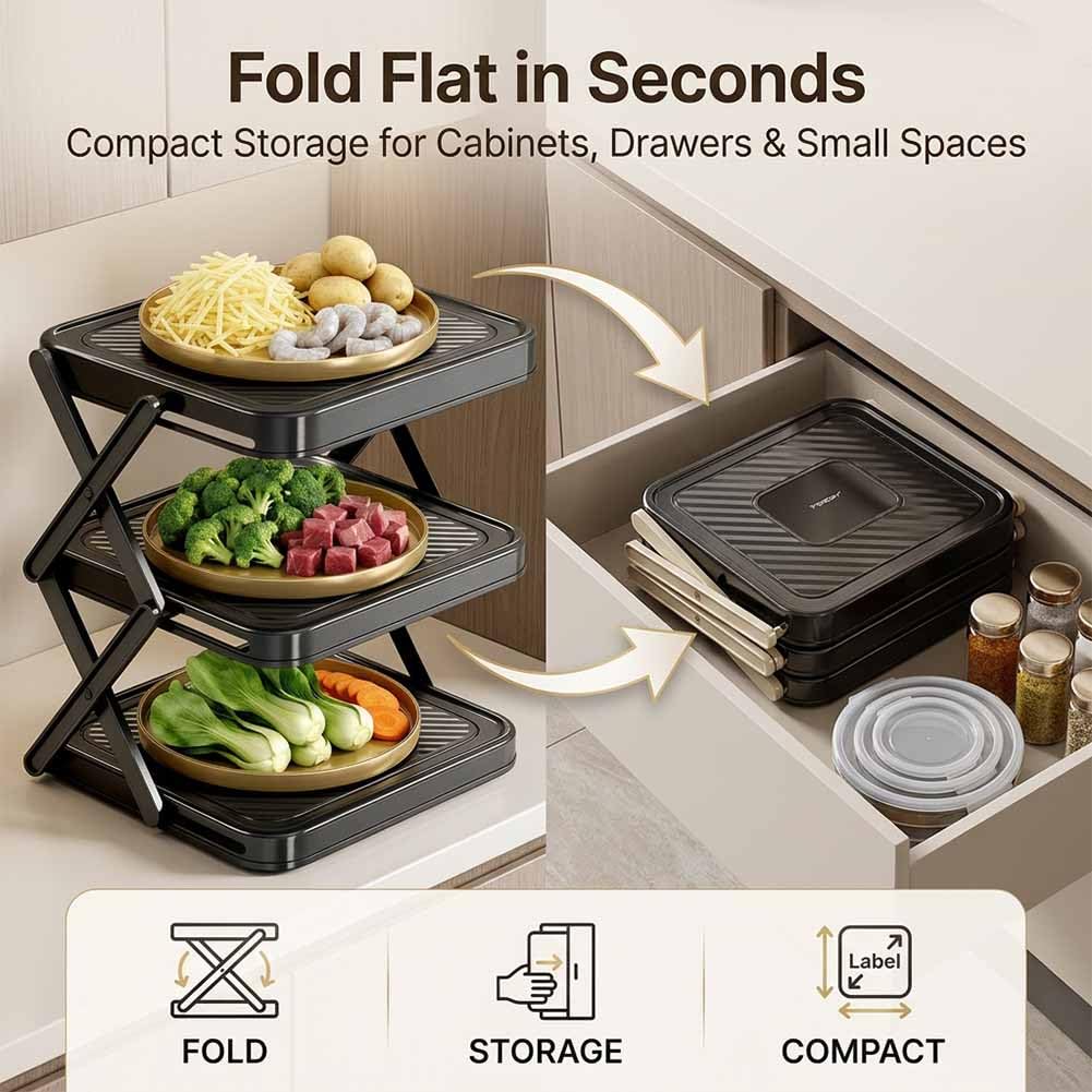 Multi-Layer Dish & Prep Tray Storage Rack, 3-Tier Foldable Food Prep Storage Rack, Easy to Store, Space-Saving, Food Prep Rack for Parties, Picnics, Kitchens & Outdoor BBQ (White*1)