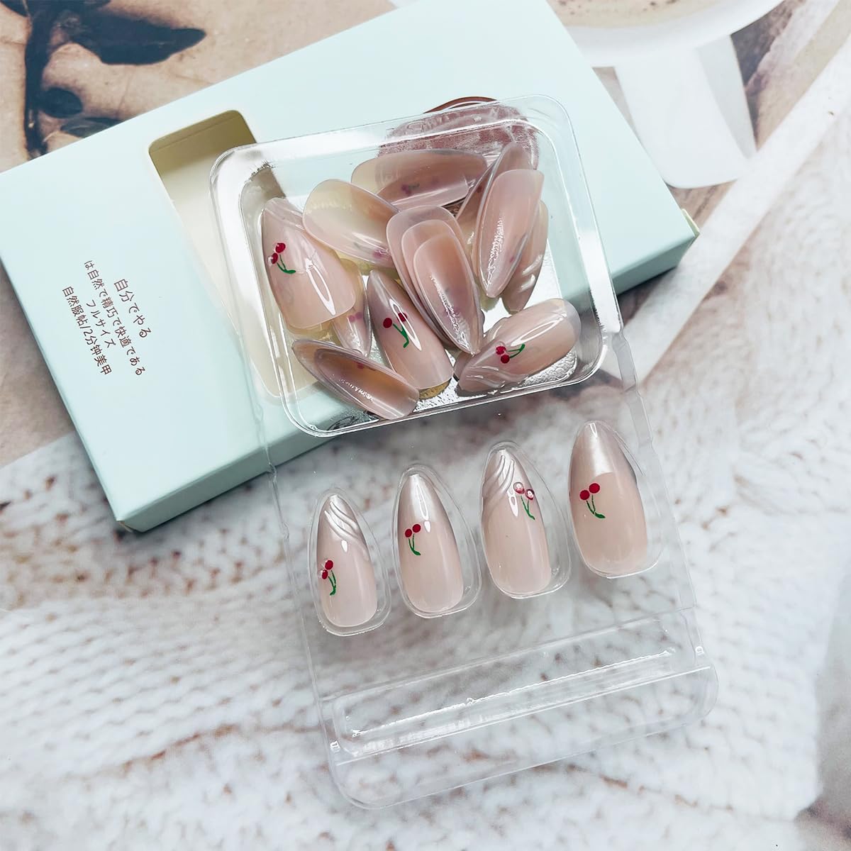 24Pcs Almond Press on Nails Short Fake Nails White French Tip Glue on Nails Full Cover Spring Stick on Nails with Cute Cherry Design Reusable Nude Pink Acrylic Nails Glossy False Nails for Women