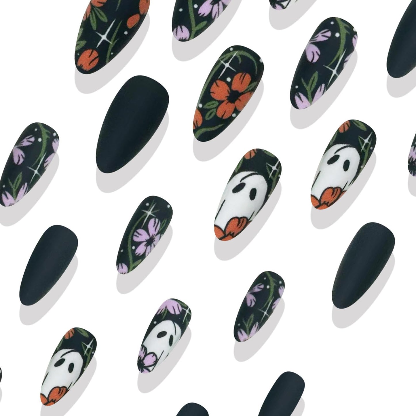 IMRAIN Halloween Press on Nails - Medium Almond Fake Nails with Ghost & Pink Orange Flower Design Full Cover Artificial Matte Black Cute False Nails for Women Manicure 24Pcs