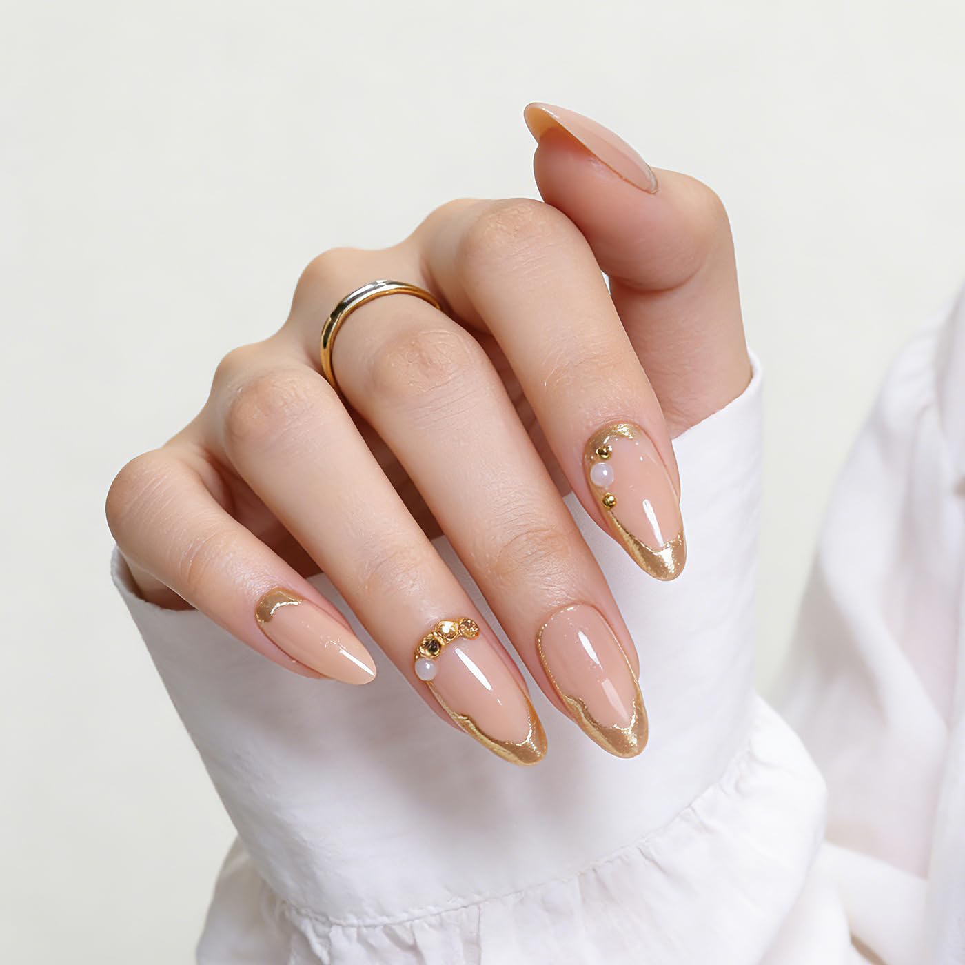 Goolich Medium Almond Chrome Gold Line Press On Nails, 3D Bead Charms French Tip Design Nails Press ons Set with Adhesive Tabs, 24 Pcs 12 Size Reusable Full Cover Glue on Nails for Women