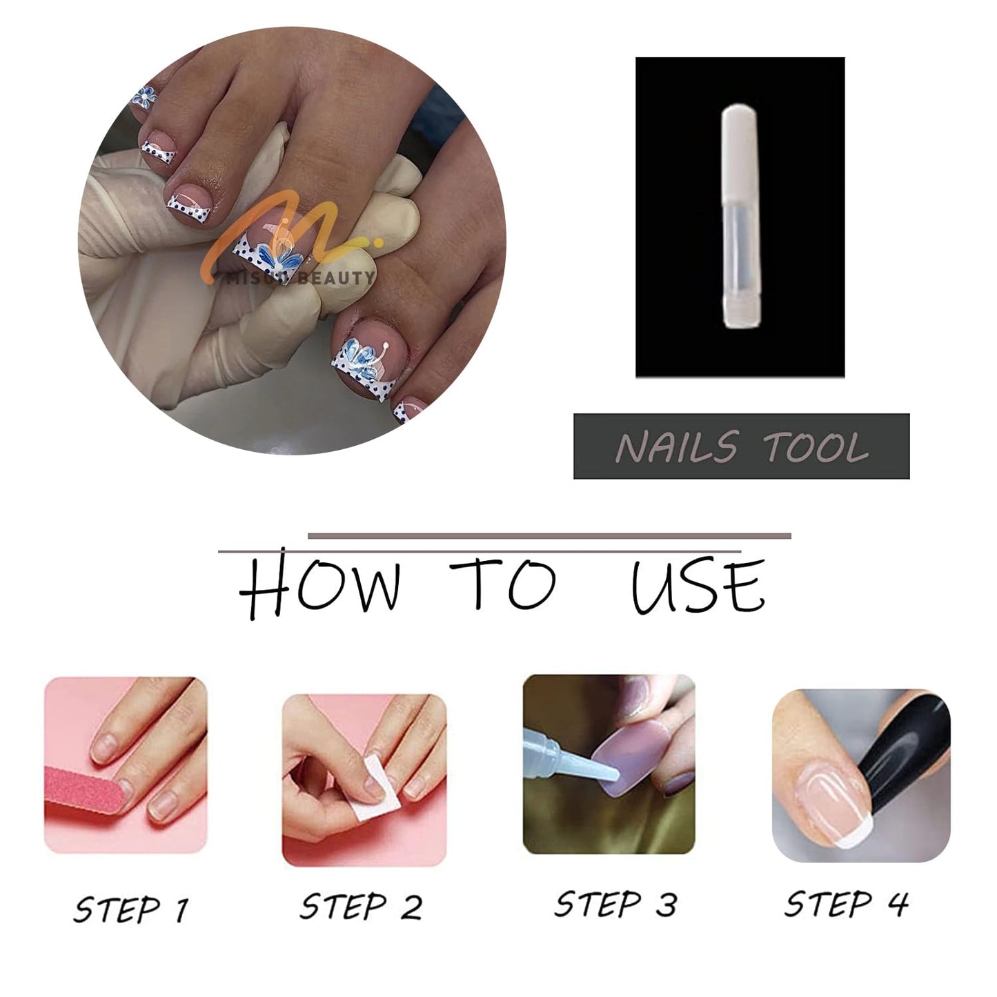 MISUD Toe Press on Nails - Fake Toenails with Blue Flower Polka Dot, Acrylic Toenail White French Tip Design 24 pcs