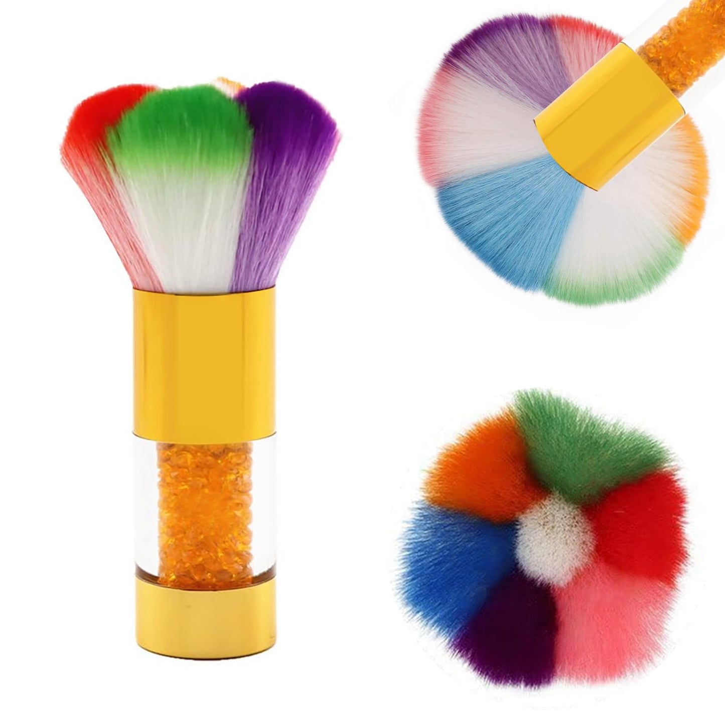 2Pcs Rainbow Nail Dust Brush, Colorful Nail Dusting Brushes, Nails Cleaning Brush with Rhinestone Handle, Professional Manicure Duster Remover Brush for Nail Glitter, Powder & Salon DIY Manicure-Gold