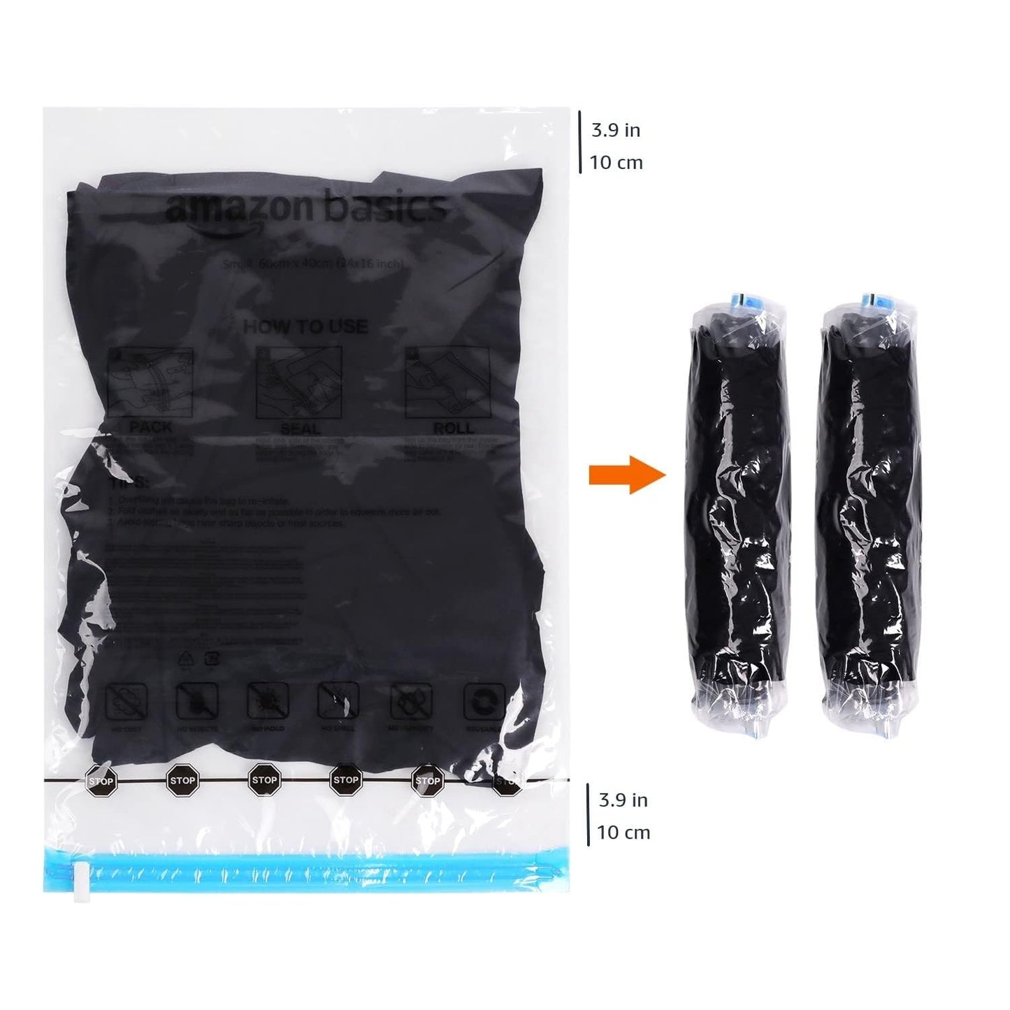 Amazon Basics Roll-Up Travel Compression Storage Bags for Clothes and Towels, No Vacuum Needed, Clear, 12 Pack (6 Small & 6 Medium)