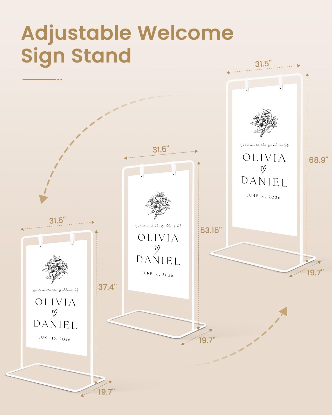 Wedding Welcome Sign Stand, Welcome to our Wedding Sign Holder, White Easel Stand for Sign Poster With Design Bundle & Ground Stakes & Leather Sign Hanging Straps, Linen Sign Stand for Wedding Decor
