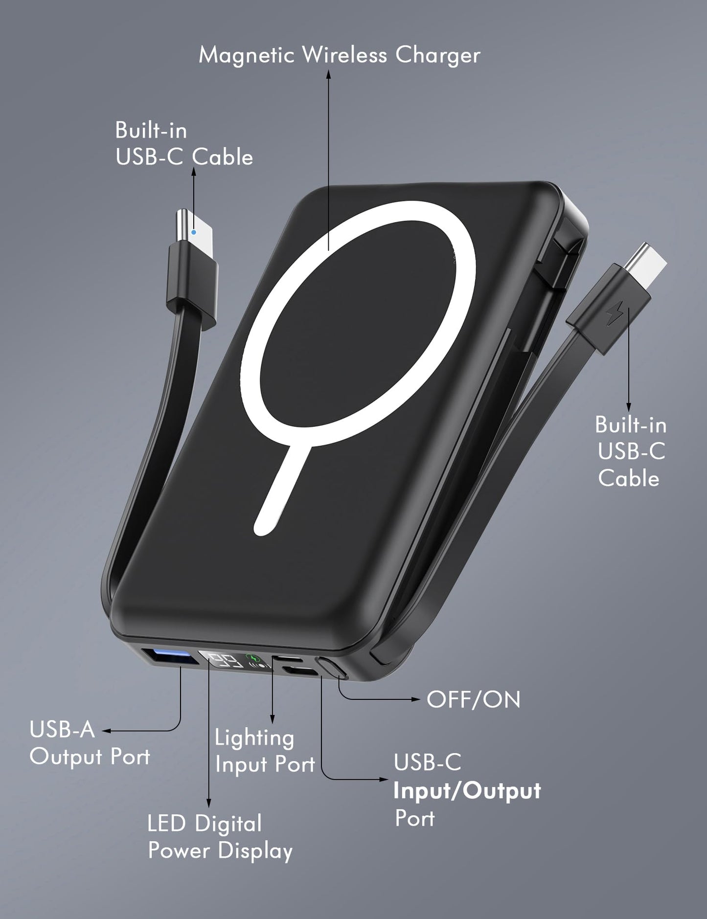 podoru for Magsafe Battery Pack, 10000mAh Magnetic Power Bank Built-in Double USB C Cables 20W PD Fast Charging LED Display Wireless Portable Charger for iPhone 17/16/15/14/13/12 Series-Black