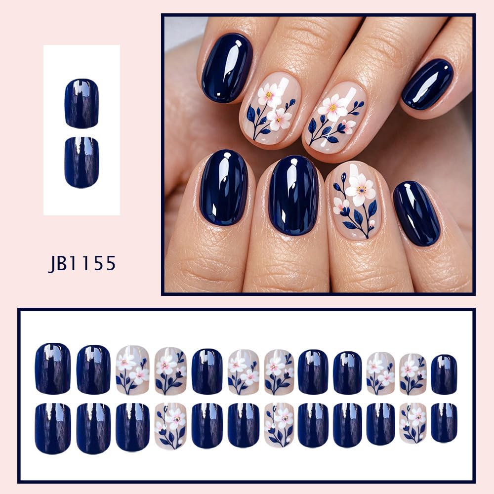 Flower Press on Nails Short Square Fake Nails Daisy Floral Full Cover False Nails, Blue Spring Glue on Nails Glossy Reusable Acrylic Stick on Nails for Women Nails Kit 24Pcs