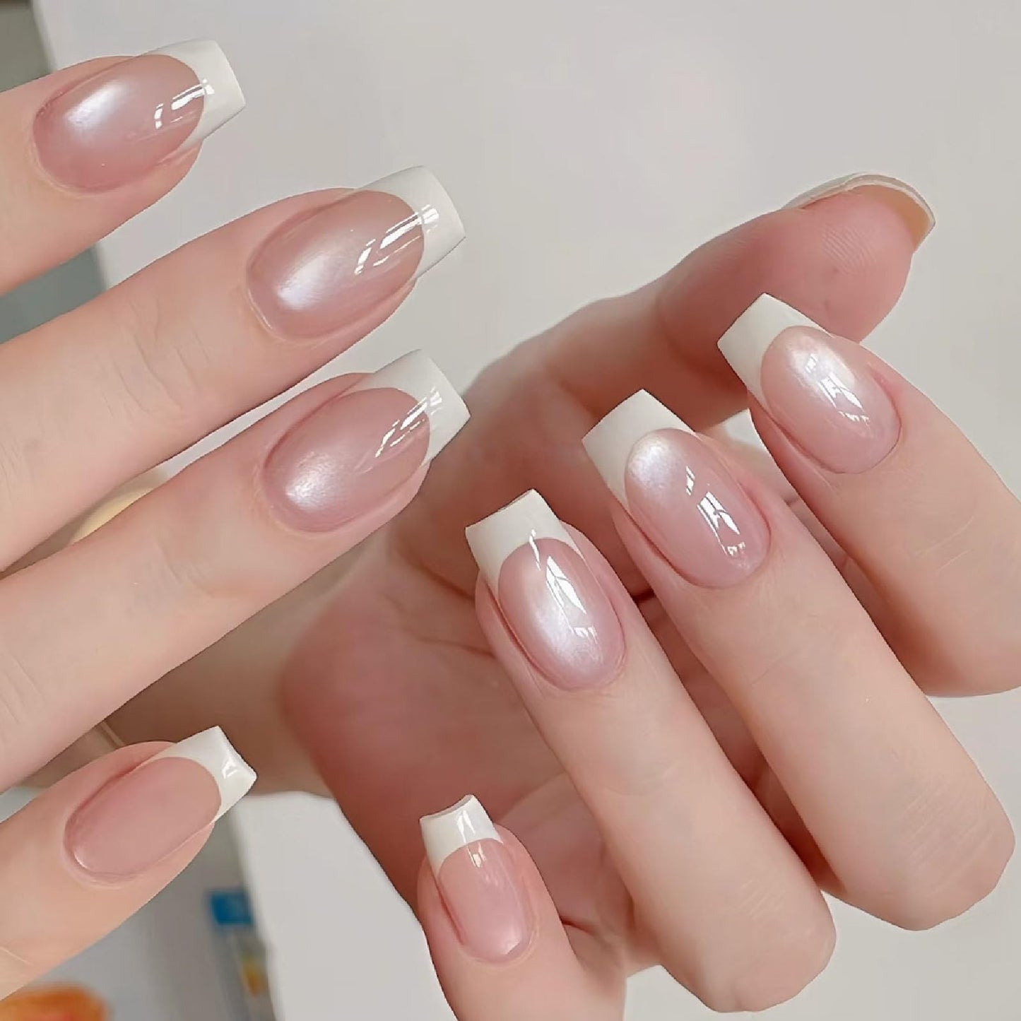 French Tip Press on Nails Medium Square Fake Nails with Cat Eye Glitter Designs Nails Press ons Nude White Glue on Nails Simple Stick on Nails for Women 24Pcs