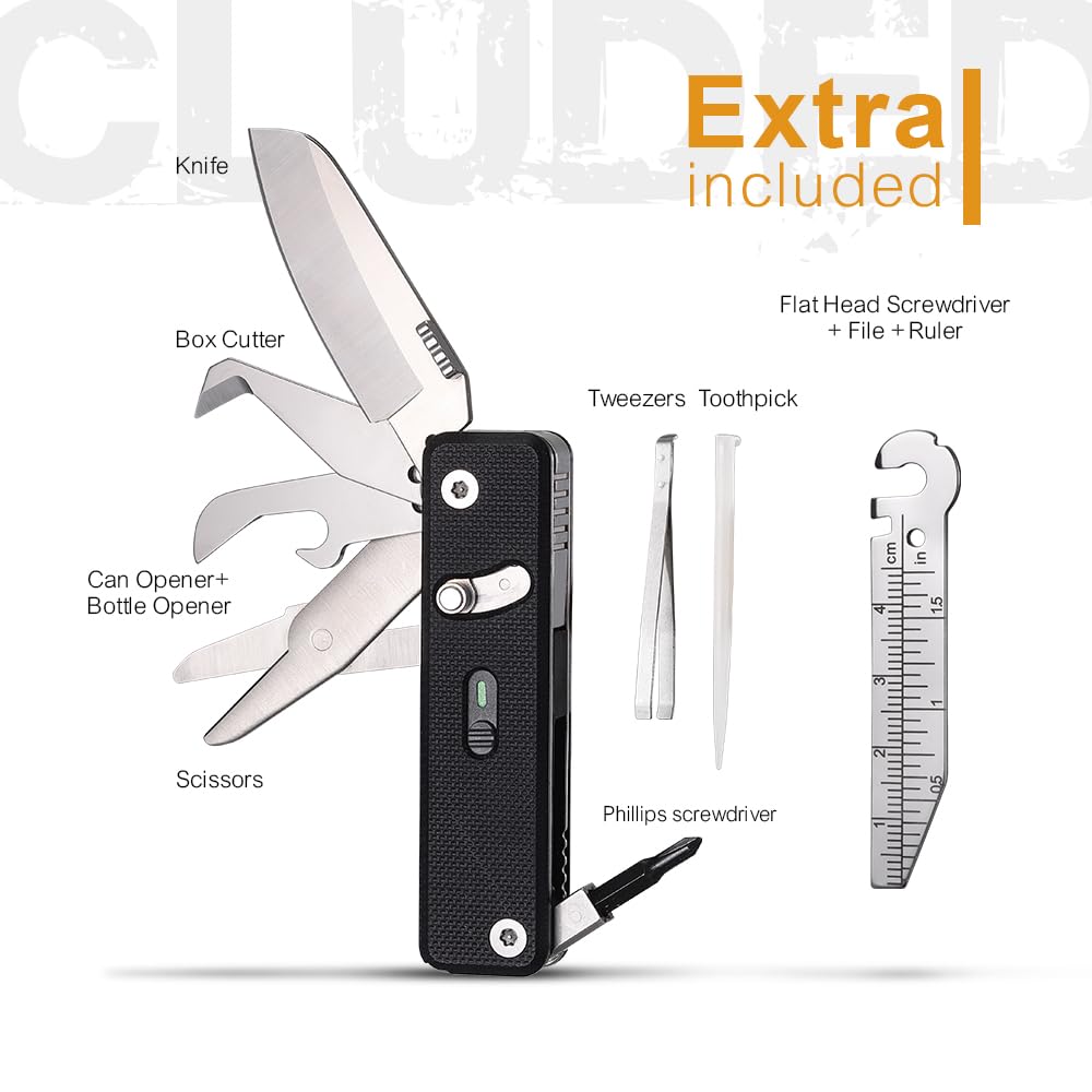 ROXON S504G Mini Flex Companion-7 in 1 Multitool EDC Pocket Knife with G10 Handle, Box Cutter, Short Sheepsfoot Blade, Short Scissors, Bottle & Can Opener, 4mm Bit, Tweezers and Toothpick