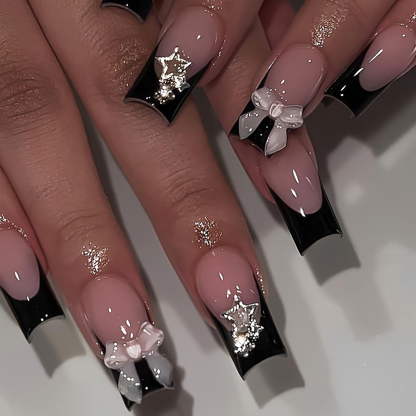 Generic Black French Tip Press on Nails Medium Square With Bow and Star Designs for Women Full Cover Stick on Nude Pink False Nails Glossy Acrylic Cute 24Pcs