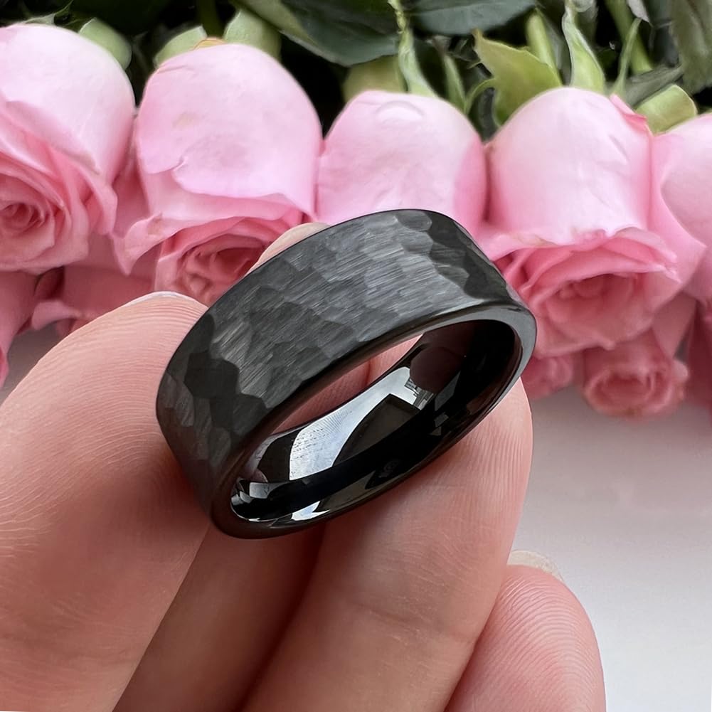 TUTISS 8mm Black Hammered Tungsten Rings for Men Women Fashion Engagement Wedding Bands Pipe Cut Matte Finish Comfort Fit Size 10