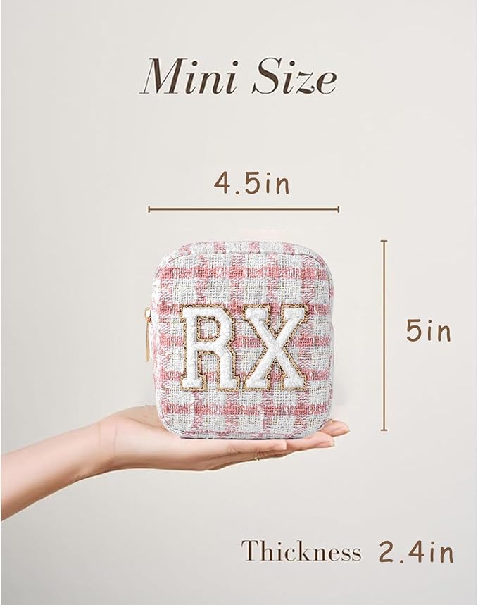 Small Medicine Bag for Travel, Personalized RX Chenille Letters Checkered Pouch for Women and Girls, Cute Meds Drug Makeup Bags with Zipper (02Pink Checkered)