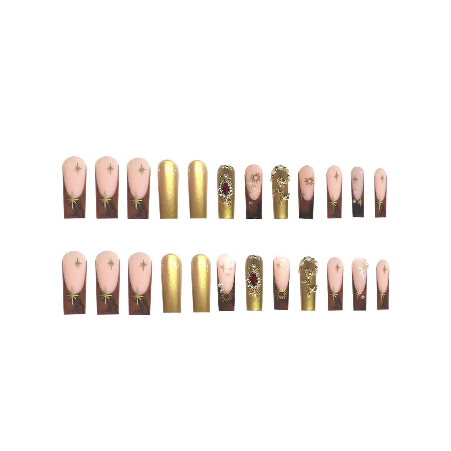 Long Press on Nails Square Fake Nails Bow Artificial Nail Pearl and Red Rhinestones Designs Gold Flowers Stick on Nail for Women 24pcs