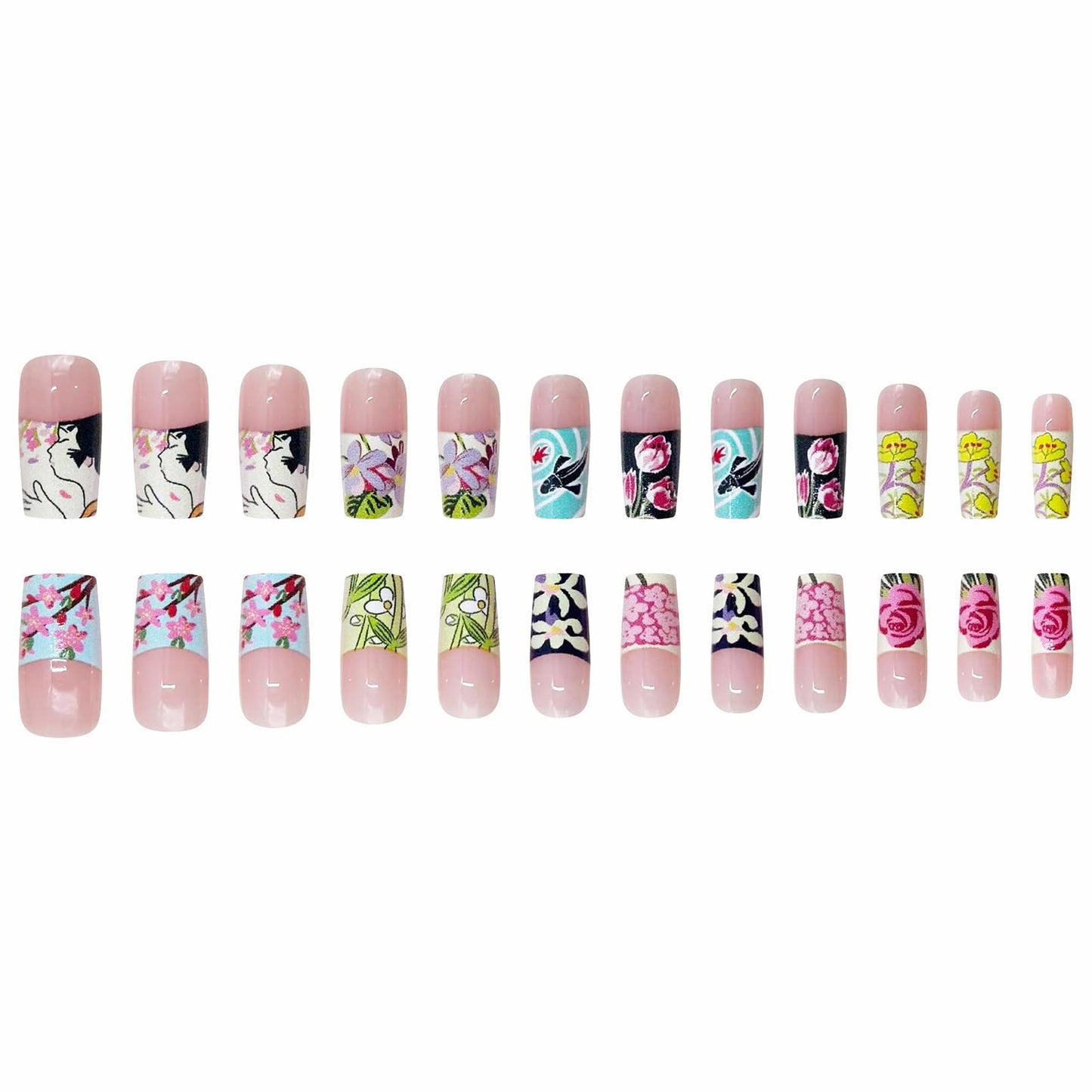 MISUD Press on Nails - Long Square Fake Nails with Colorful Flower, Acrylic French Tip Design 24 pcs
