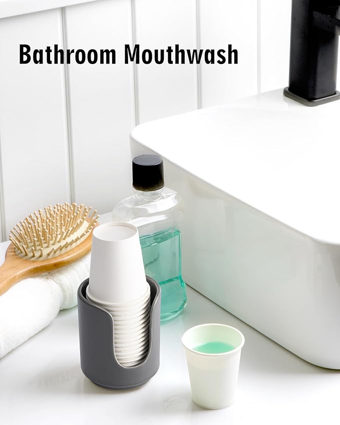 3 oz Original Ceramic Bathroom Cup Dispenser with 5 PLA Paper Cups, Bathroom Essential Accessories for Mouthwash Holder on Bathroom Vanity Countertops (1 Pack, Grey)
