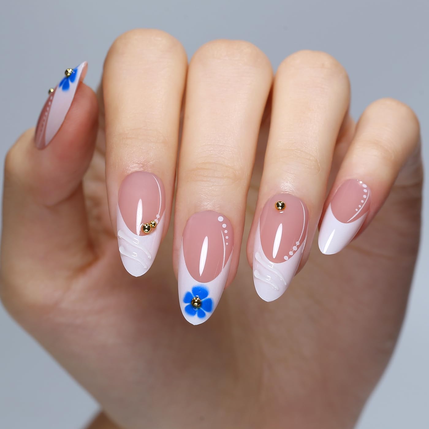 Goolich White French Tip Press On Nails Medium Almond, Sheer Pink with Bead Nails Press ons Set with Adhesive Tabs, 24 Pcs 12 Size Reusable Full Cover Glue on Nails for Women
