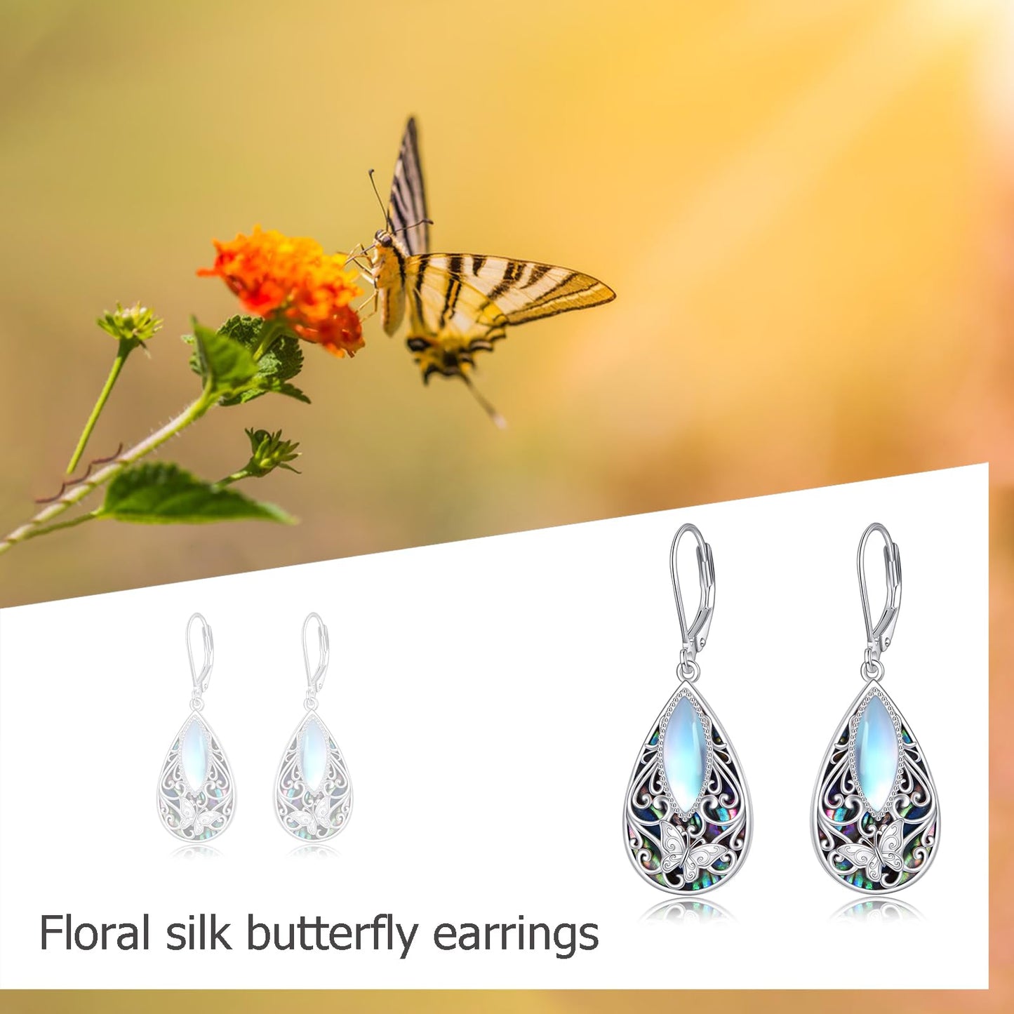 Butterfly Filigree Earrings Sterling Silver Teardrop Abalone Shell Drop Dangle Filigree Leverback Earrings Jewelry Gifts for Women
