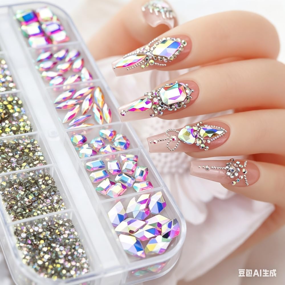 AB Crystal Nail Charms 3D Nail Gems Clear Flatback Nail Jewels Multi Shape Size Diamonds Nail Rhinestones Iridescent Mixed Size Round Hearts Crystals Gems for DIY Nails Faces Makeup Crafts 12Grid