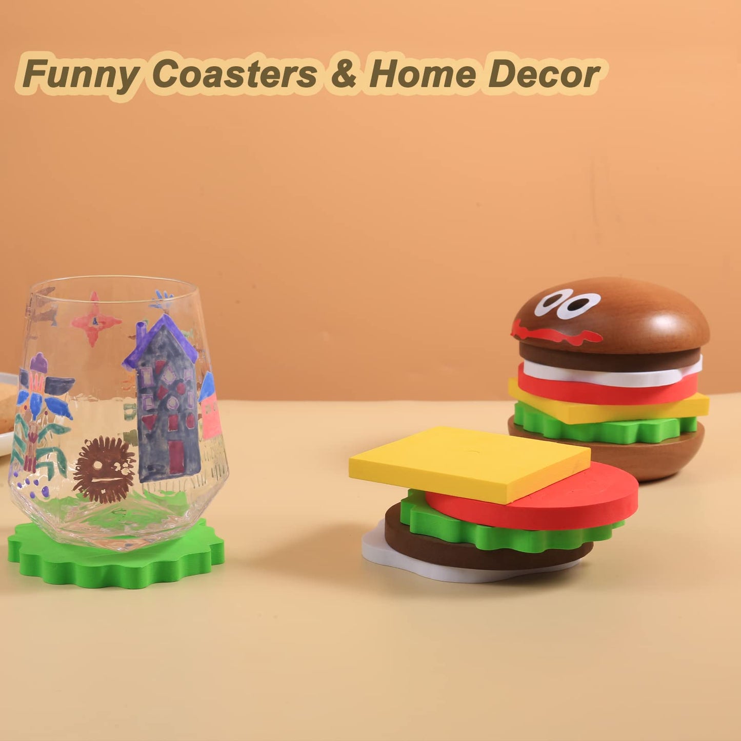 Fun Coasters Set for Drinks,Novelty Burger Coasters for Coffee Table,DIY Wooden Coasters for Drinks,,Cup Mat Wood Cup Lips,Gift for Housewarming,Birthday,Table Decor