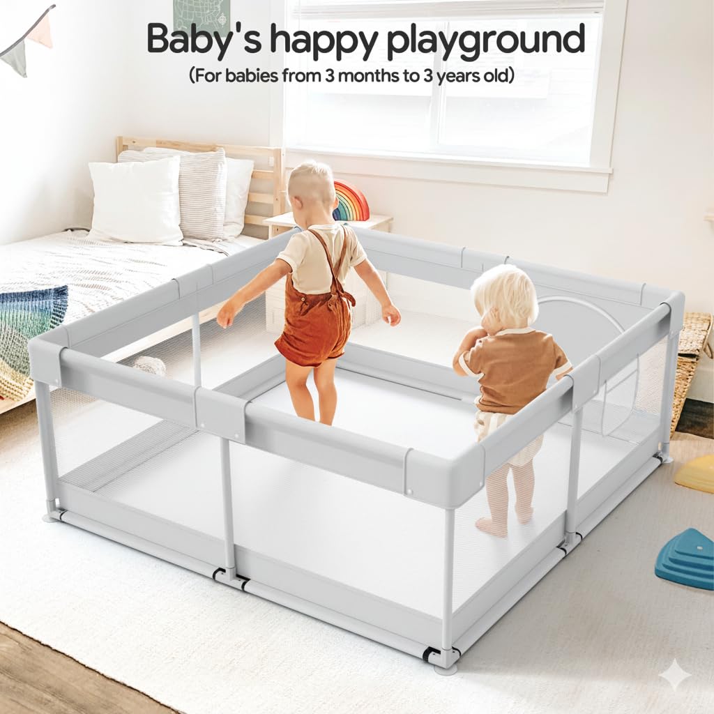 Fodoss Baby Playpen 50×50in, Small Play Pen for Babies and Toddlers, Playpen for Apartment, Play Yard, Activity Fence, Baby Playard with All-Side Mesh, Pull Rings