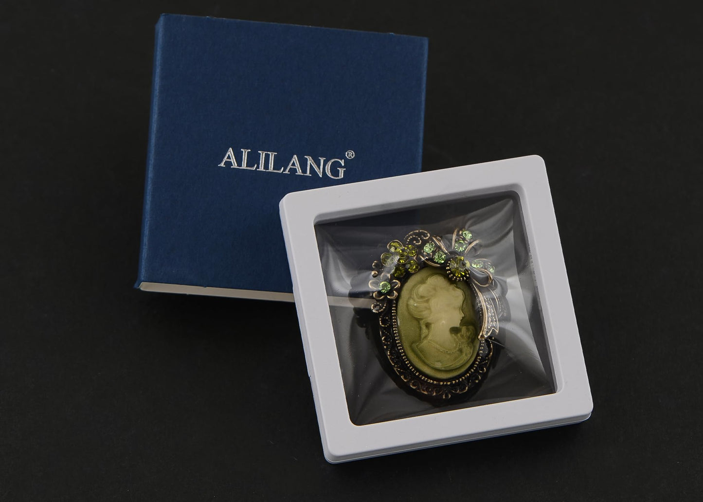 Alilang Vintage Elegant Cameo Victorian Lady Maiden Crystal Rhinestone Pin Brooch, Green
