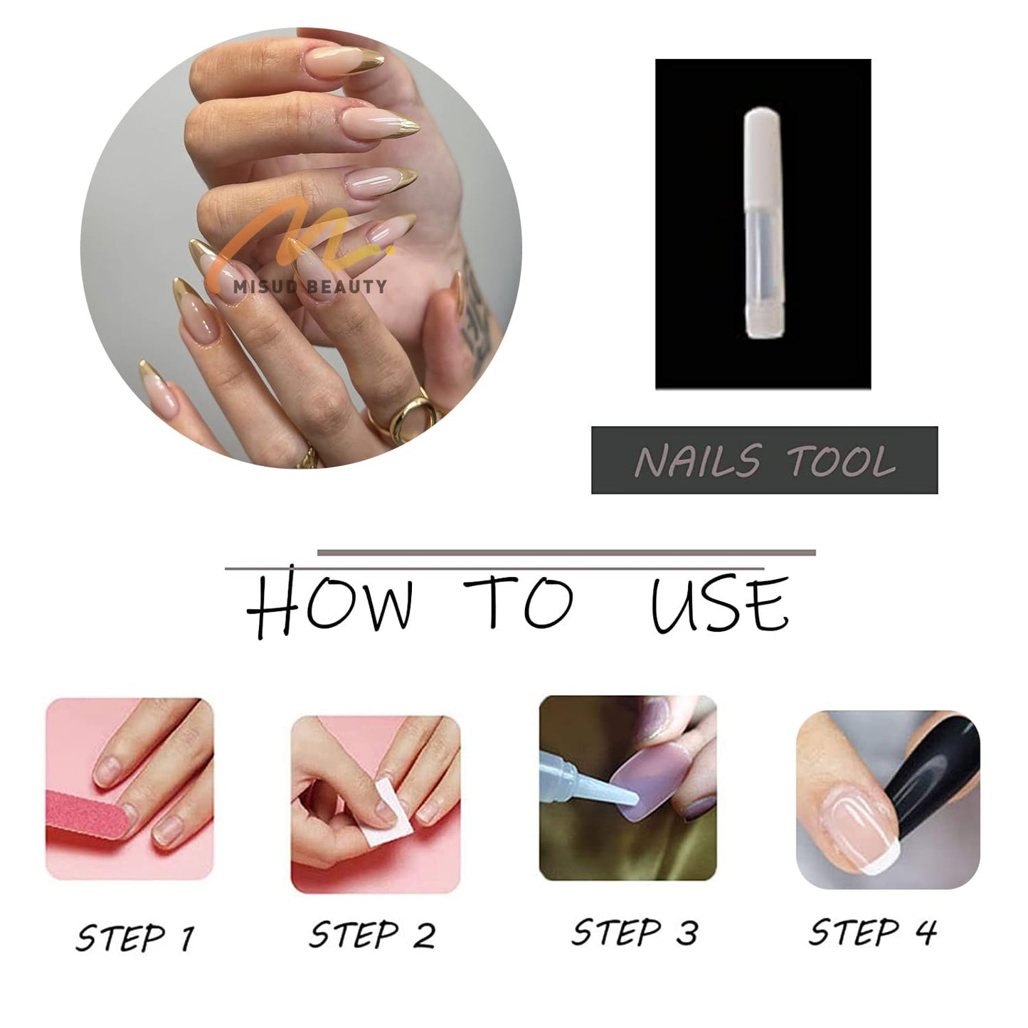 MISUD Press on Nails - Medium Almond Fake Nails with Gold Chrome, Acrylic French Tip Design 24 pcs