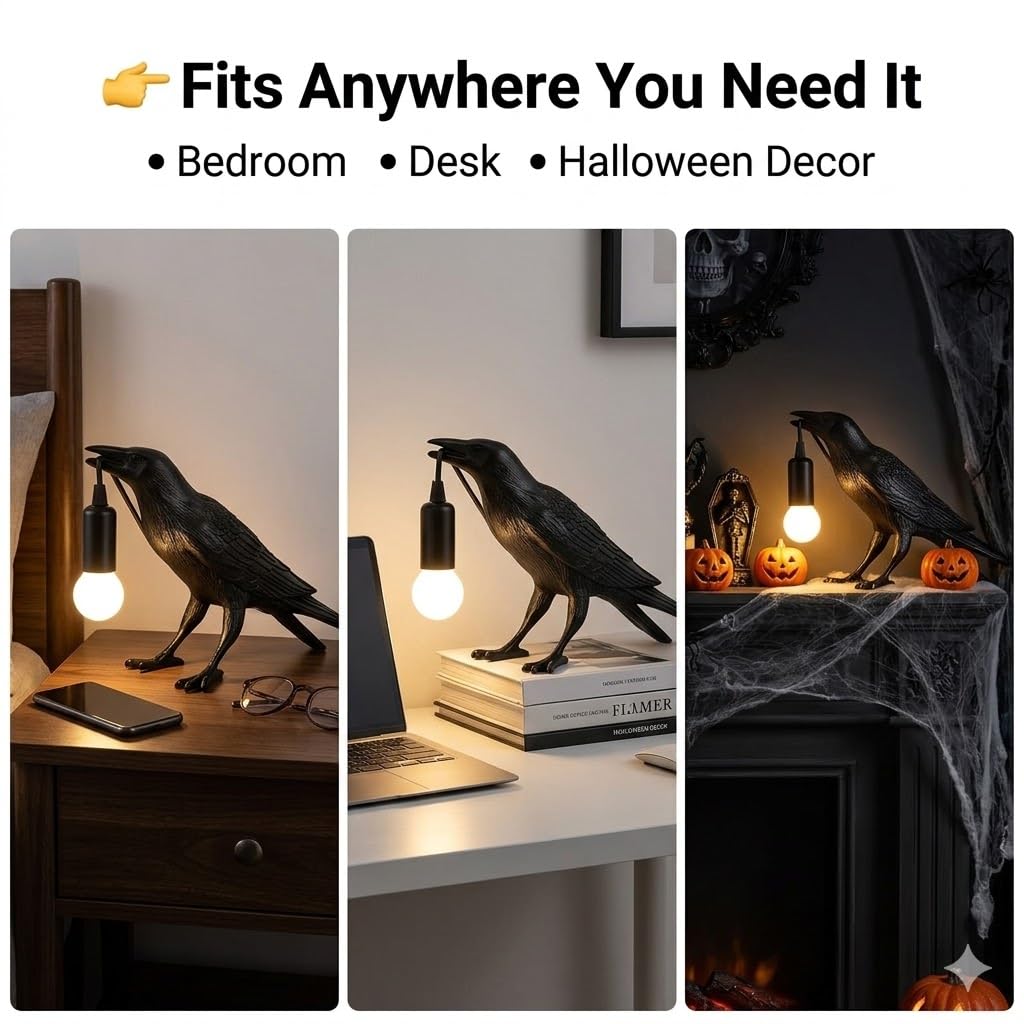 Shandaglo Raven Lamp Gothic Decor, Black Crow Table Lamp with LED Bulb, Unique Dark Aesthetic Night Light for Bedroom Desk, Halloween Home Decoration Gift