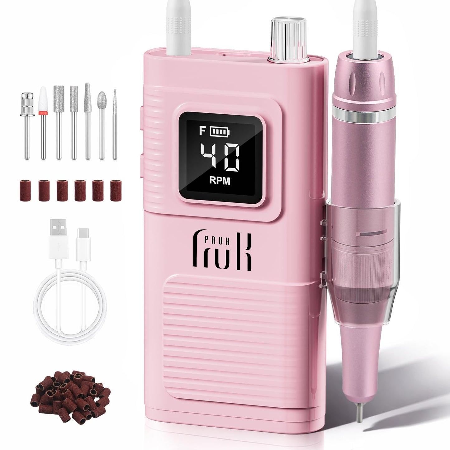 Pruk Professional Electric Nail Drill Kit, Portable 40000RPM Cordless E-File with LCD Display, 7 Drill Bits & 56 Sanding Bands, Manicure Nail Machine for Salon Home, Training & Travel, Pink