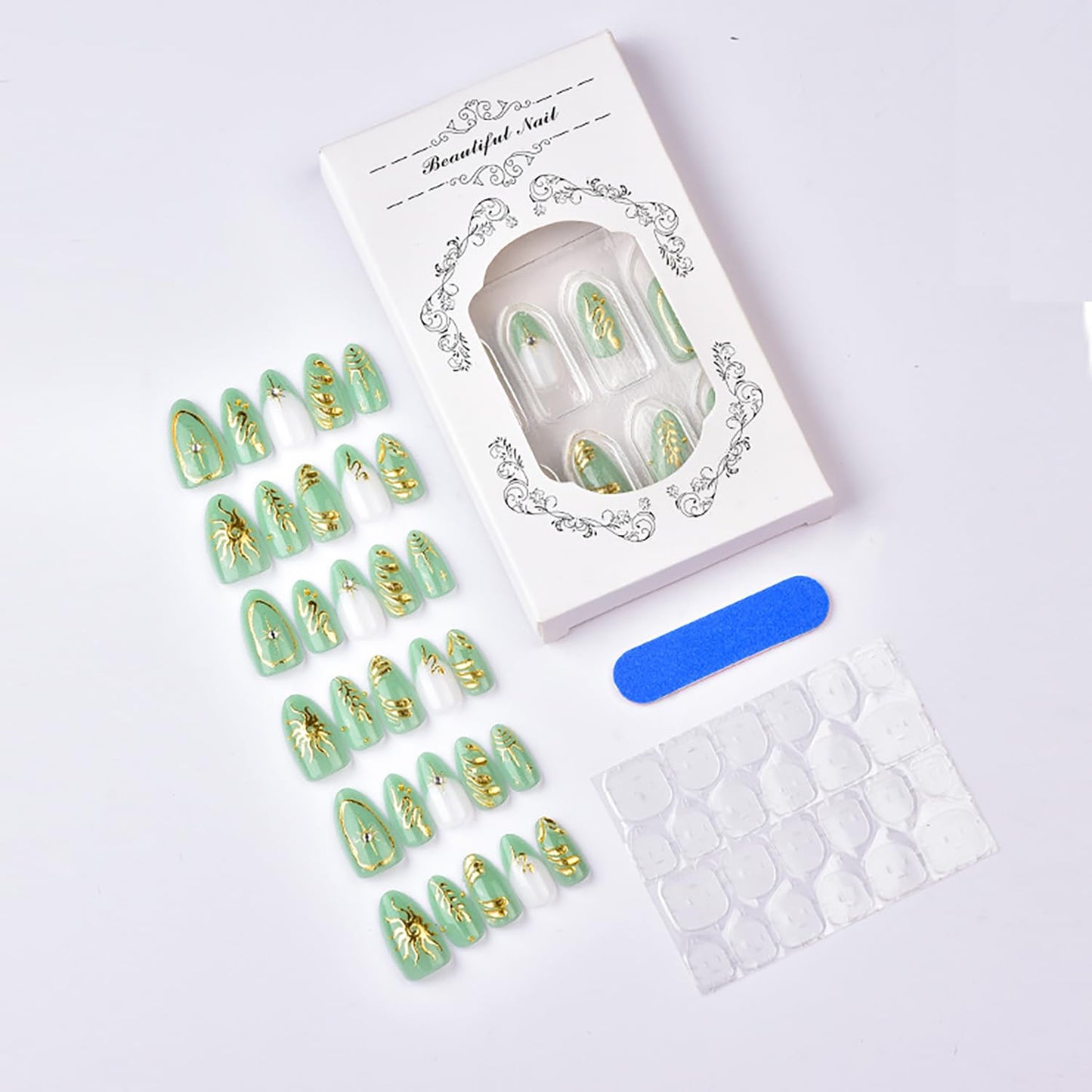 30pcs Green Press on Nails Medium Almond Fake Nails Gold Snake Leaves Star False Nails with 3d Rhinestones Designs Glue on Nails Green French Tip Full Cover Artificial Stick on Nail Decor for Women