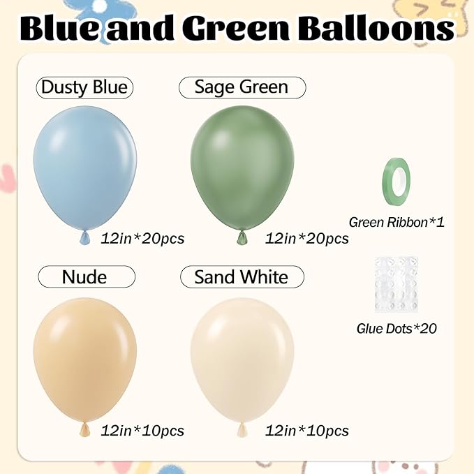 60pcs Sage Green Dusty Blue Balloons 12inch, Blue and Green Balloon with Nude Sand White Balloons for Wedding Anniversary Baby Shower Birthday Party Decorations