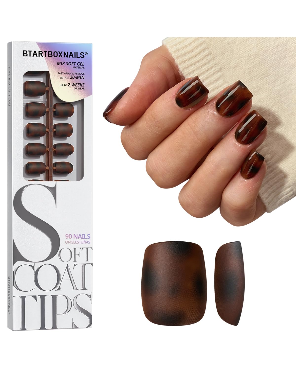 BTArtboxnails SOFTCOATTIPS Press On Nails - Tortoiseshell Extra Short Square Press On Nails, 90Pcs Salon Quality Soak Off Soft Gel Nail Tips in 15 Sizes