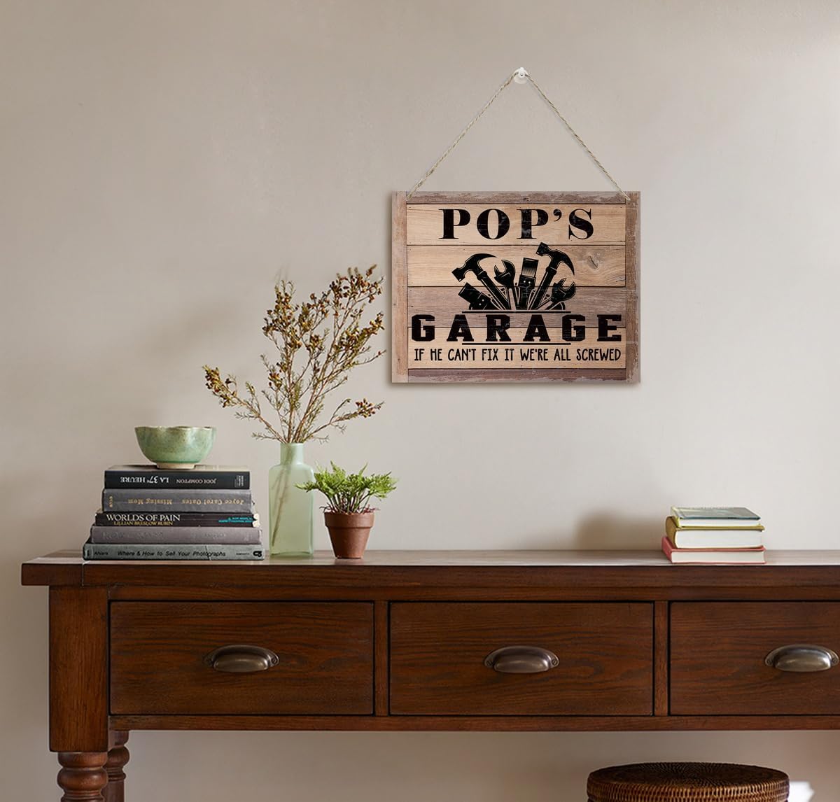 Rustic Sign, Father's Day Gift, Dad's Gift, Grandpa's Gift, Decor Hanging Wood Signs, Printed Wood Wall Art Sign, Pop's Garage, If He Can't Fix It We're All Screwed, Vintage Sign Gift for Grandpa