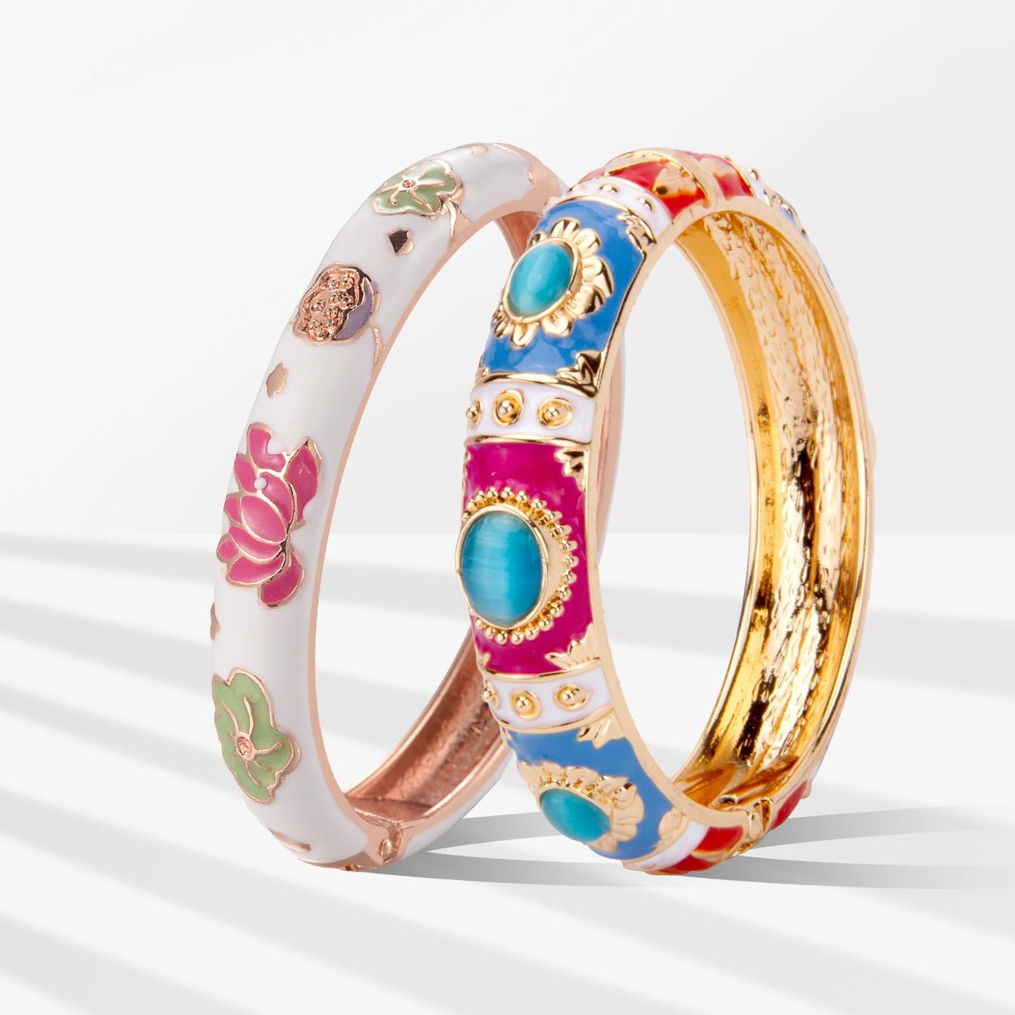UJOY Vintage Cloisonne Jewelry Bracelet Plated Handmade Bead Rhinestones Enamel Spring Cuff Bangles 2 Pcs Set for Womens Gift 7735-55A35 Pink White