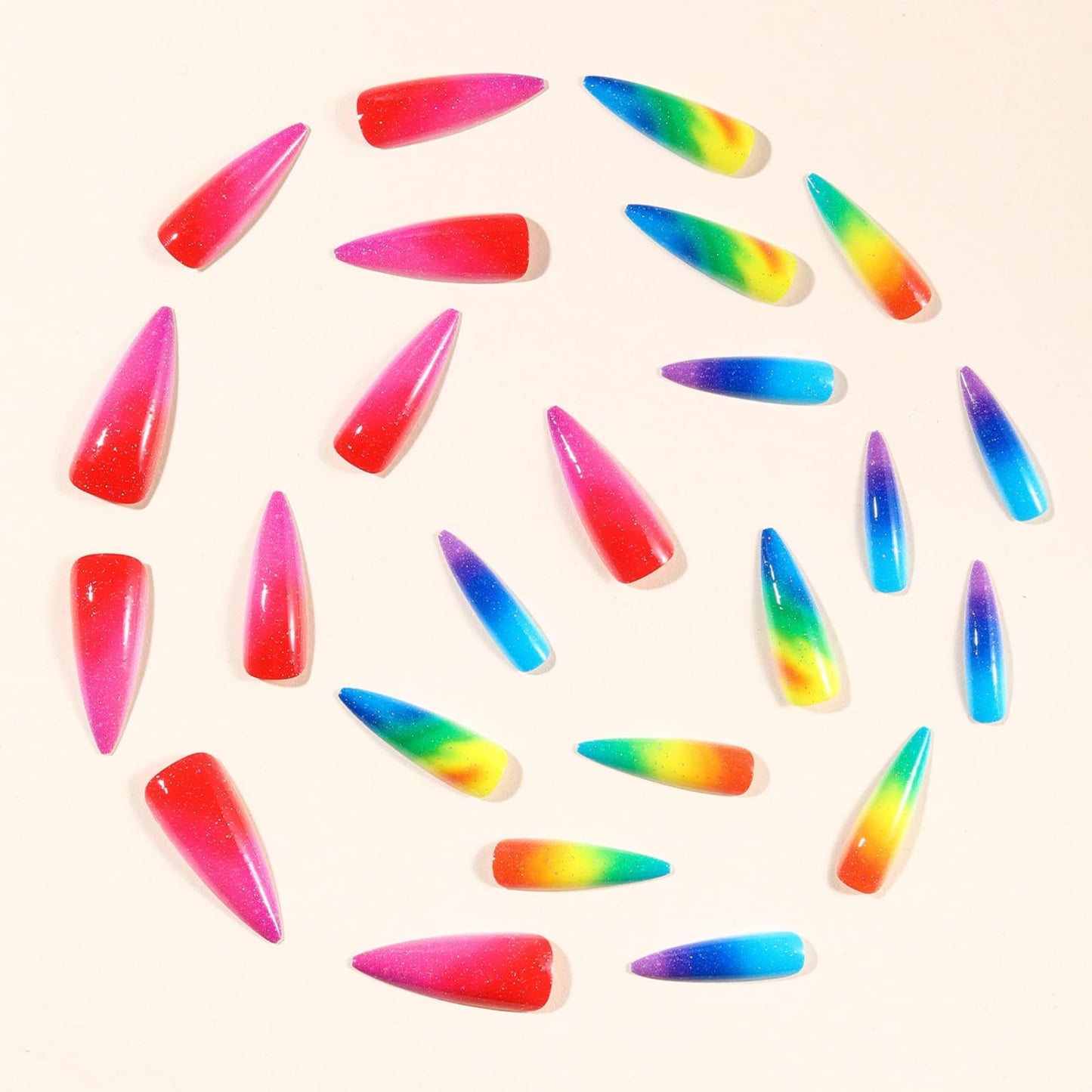 SEENEEY Stiletto Gradient False Nails, 24pcs Acrylic Press-On Nails, Glitter Glue, Ombre, XL Nails, Glitter, Colorful, Artificial Nails, Long Press On Nails