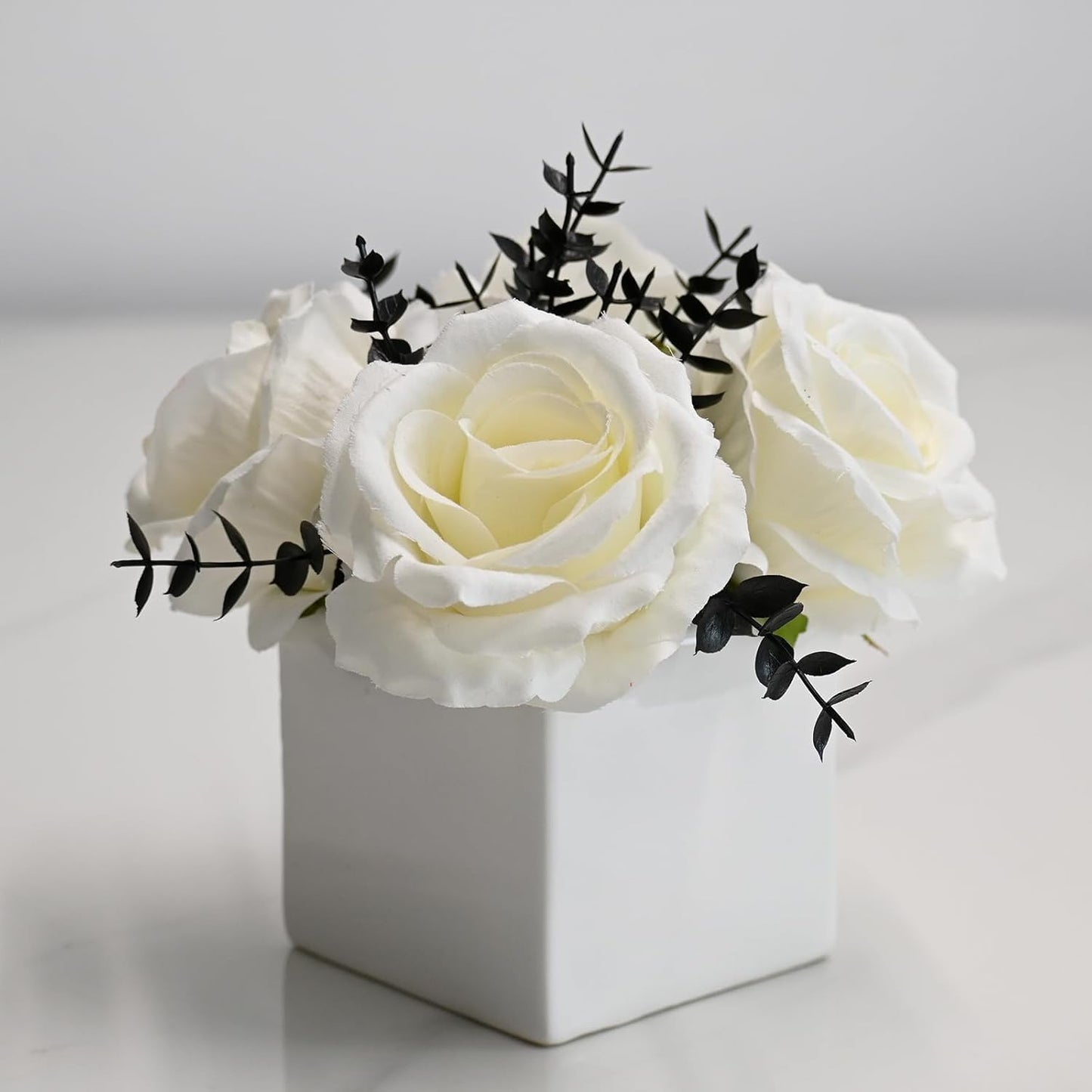 NAWEIDA Artificial Flowers with Vase, White Rose Faux Floral Arrangement with Black Eucalyptus, Minimalist Small Flower Decor for Desk, Coffee Table, Modern Home Decoration