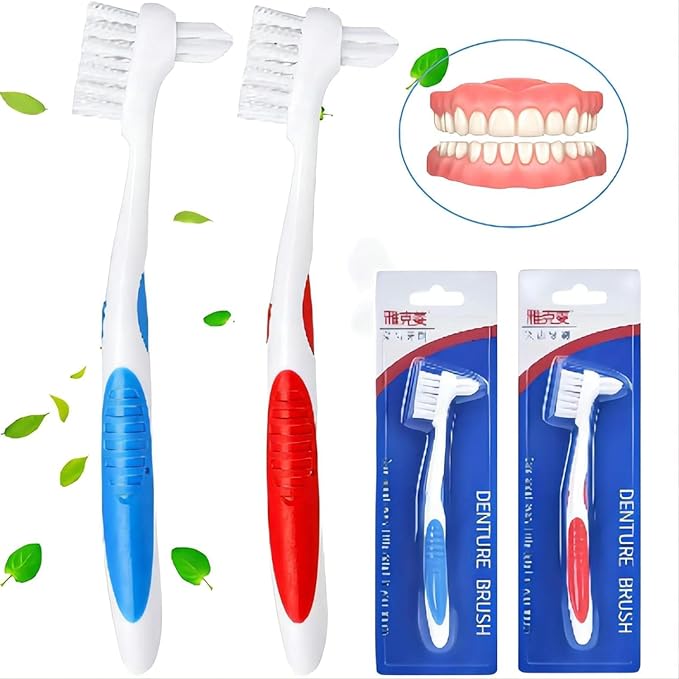 Y-Kelin Denture Brush Hard Bristles, Denture Toothbrush with Dual Head & Rubber Handle Non-Slip (Red+Blue, 2 Pcs)