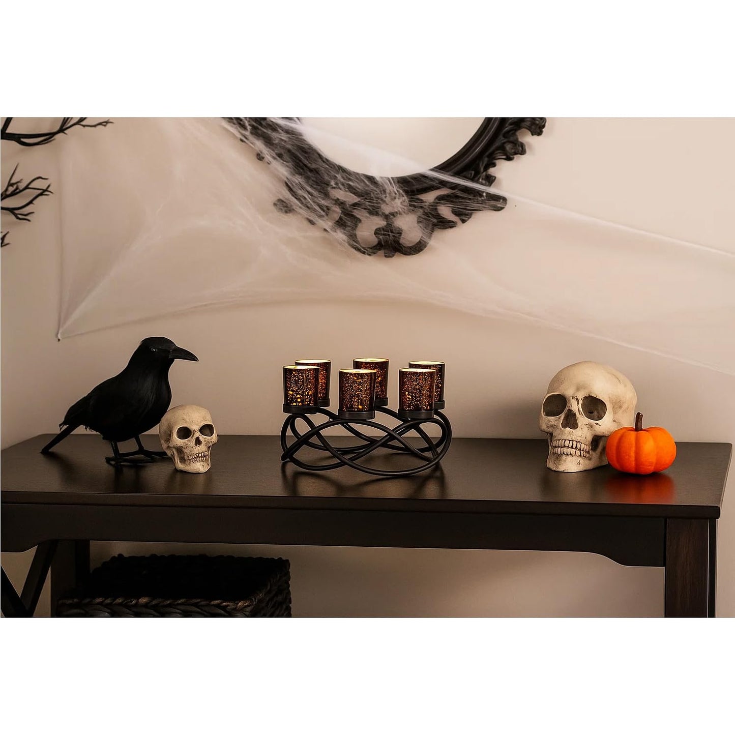 Seraphic Halloween Candle Holder Centerpiece Decoration – Black Metal Iron 6-Cup Votive Tealight Holder for Spooky Table Gothic Decor, Kitchen & Dining Room, Coffee Tables